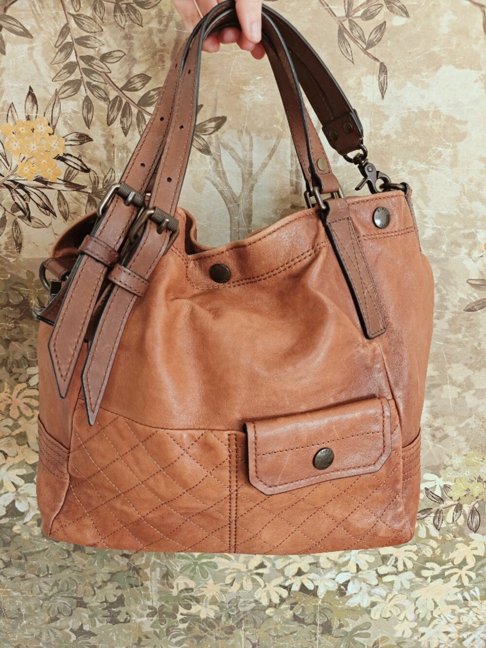Frye Samantha Quilted Cognac Leather Tote Satchel Shoulder Bag - Picture 16 of 16